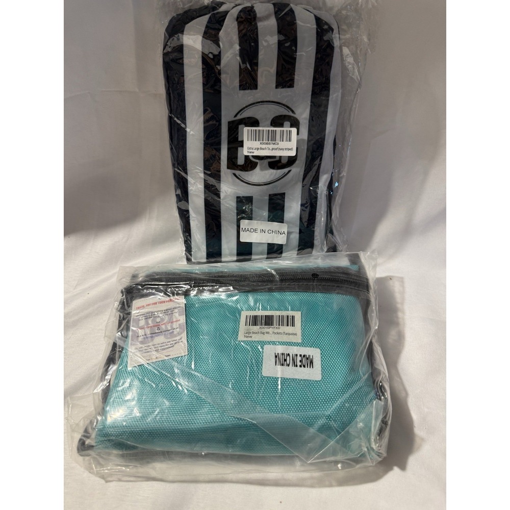 Lot of 2 Waterproof Beach Tote Bags XL Navy Stripe & Turquoise Travel Pool NWT